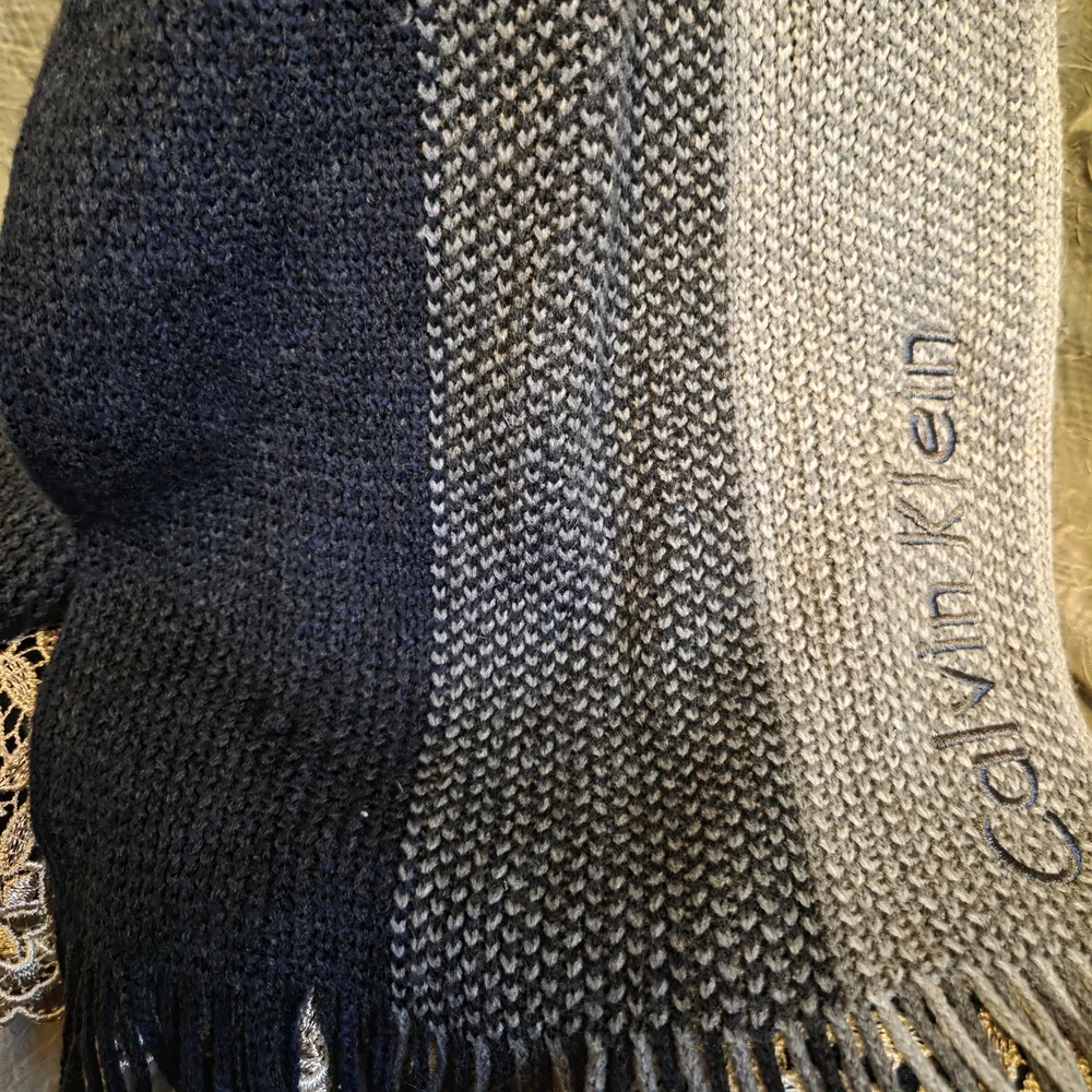 Calvin Klein Gray & Black Logo Knit Scarf | Fringe Winter Scarf